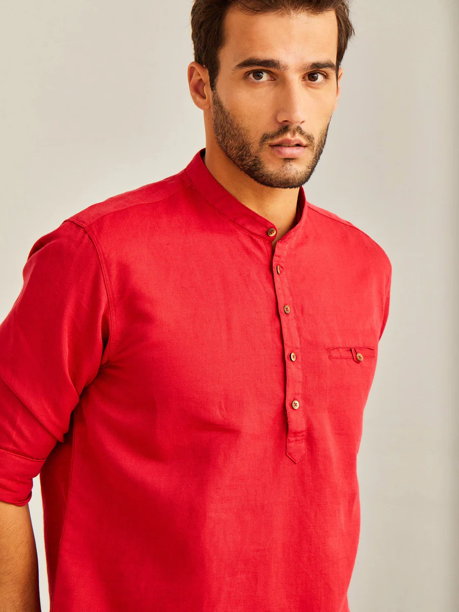 Red Solid Linen Kurta - Image 3