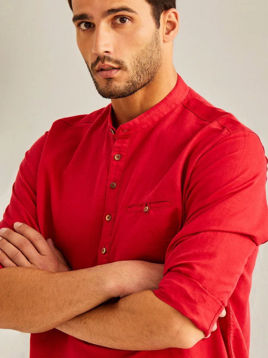 Red Solid Linen Kurta - Image 4