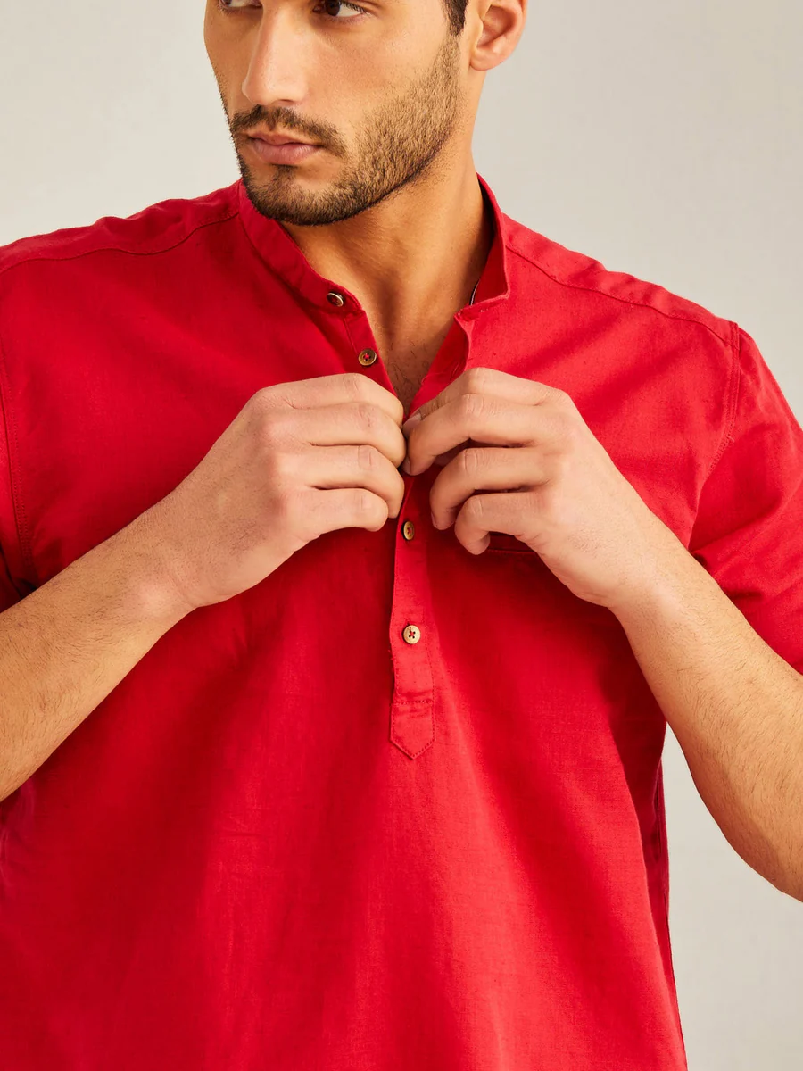 Red Solid Linen Kurta - Image 6