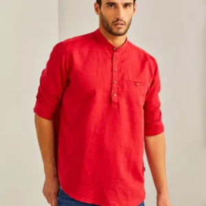 Red Solid Linen Kurta
