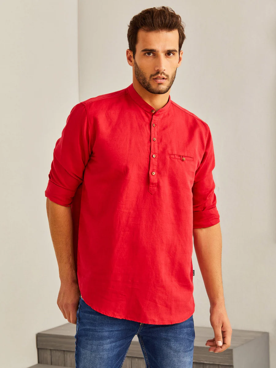 Red Solid Linen Kurta - Image 2